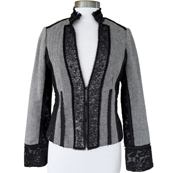 WHITE HOUSE BLACK MARKET Black Herringbone Sequin Lace Jacket Blazer Size 6 - Picture 1 of 9